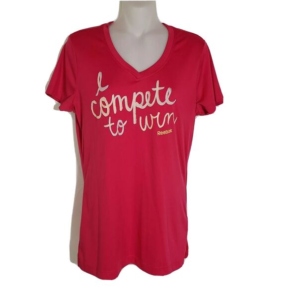 Reebok Womens T-Shirt Size Medium Pink V-Neck Graphic Short Sleeve Polyester - Picture 1 of 7